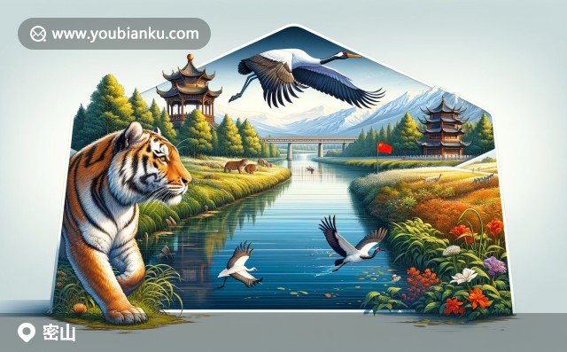 圖片展示密山市的信封框風(fēng)景，有寧靜的烏蘇里江、站立的東北虎和飛翔的白鶴，體現(xiàn)豐富生態(tài)資源