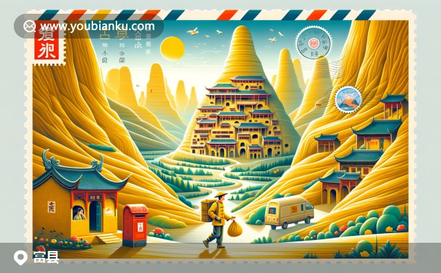 壯麗黃土高原，富縣特色窯洞與郵遞員郵筒在創(chuàng)意郵封中的交織
