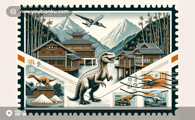 富順縣郵政明信片設(shè)計 - 鹽井、恐龍與竹林的象征