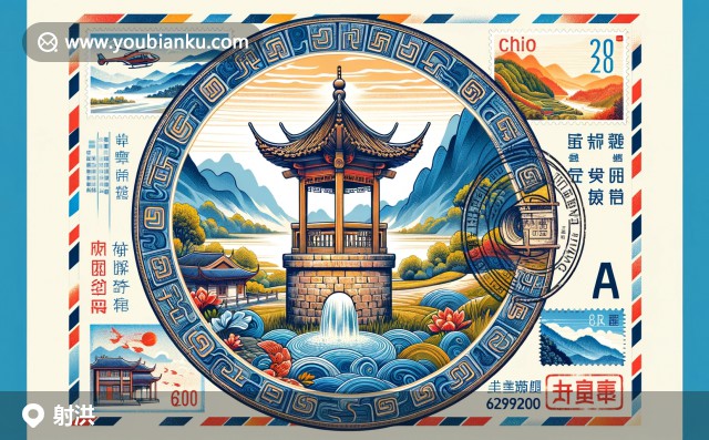 古老的洛泉井與龍虎山風光，射洪縣郵政編碼629200郵票插圖