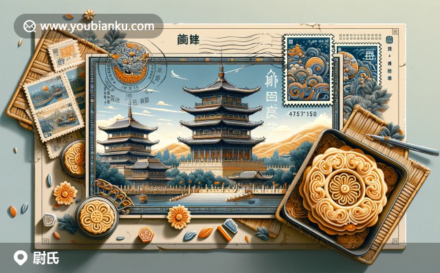 河南省開(kāi)封市尉氏縣地標(biāo)鐵塔與傳統(tǒng)美食芝麻餅的郵票主題插畫(huà)