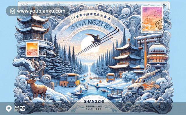 尚志市郵票圖案：雪景、亞布力滑雪場(chǎng)及特色建筑，郵政編碼150600