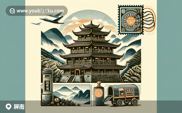 福建省寧德市屏南縣：太姥山的壯麗景色，福建土樓的社區(qū)特色，以及傳統(tǒng)郵票裝飾的現(xiàn)代明信片