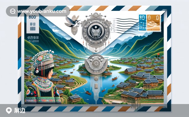 云南省屏邊苗族自治縣的建水古城郵票插畫，展現(xiàn)郵政文化與苗族銀飾特色