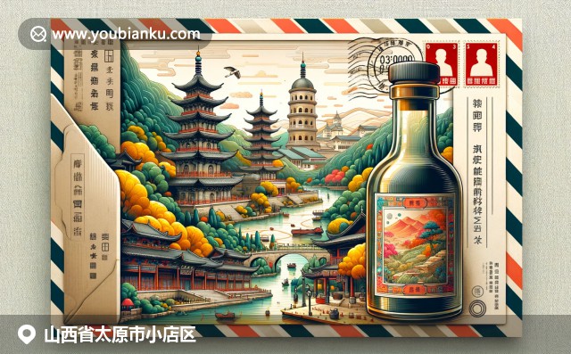 太原市小店區(qū)文化特色插圖：晉祠、雙塔寺和山西老陳醋瓶，展現(xiàn)地域文化和美食特色