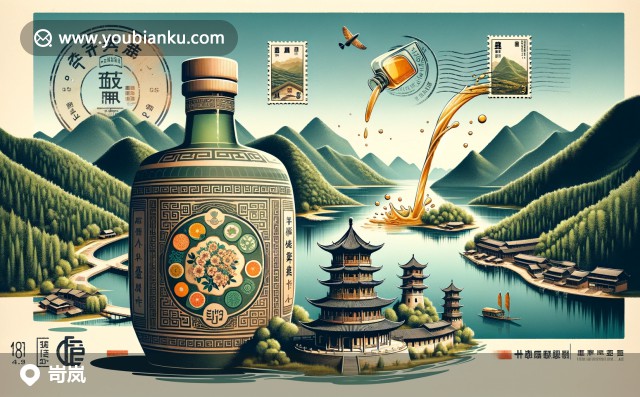 山西省忻州市岢嵐縣特色：五寨池塘、傳統(tǒng)陳醋與古瞭望塔的郵政風情插畫