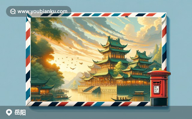 風(fēng)格化郵封上的岳陽樓、洞庭湖和蓮花，展示岳陽的歷史文化、自然美景及郵政傳統(tǒng)