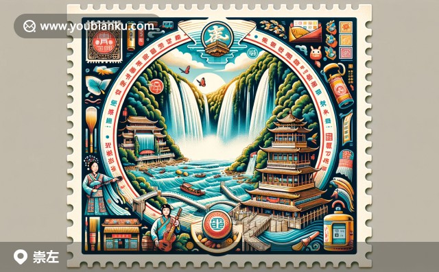 廣西崇左自然與文化融合，德天瀑布壯觀，左江花山巖畫展示悠久歷史，友誼關(guān)象征中越友好，航空郵件信封體現(xiàn)地域與郵政特色