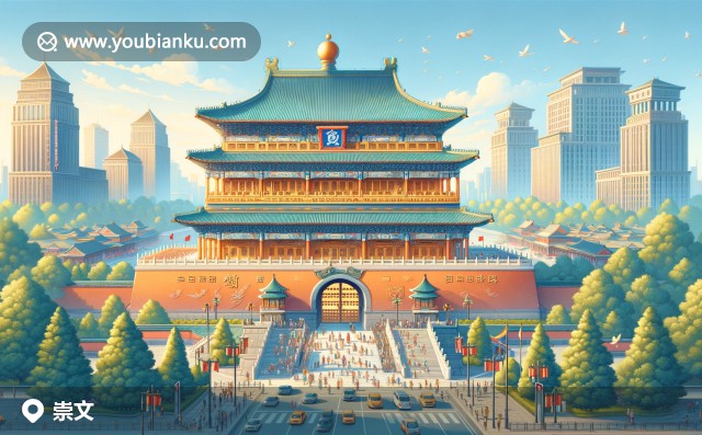 現(xiàn)代風(fēng)格插畫：崇文區(qū)特色 - 天壇祈年殿、北京烤鴨與京劇面具，展現(xiàn)古老與現(xiàn)代交融的北京風(fēng)情
