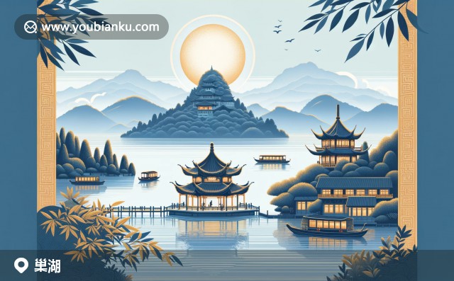 中心是裝飾有姥山島輪廓、毛蟹和銀魚的中國風明信片，背景為寧靜的巢湖湖面與現(xiàn)代插畫風格