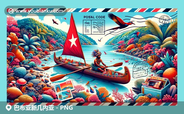 巴布亞新幾內(nèi)亞自然與郵政元素融合，表現(xiàn)熱帶雨林、珊瑚礁和傳統(tǒng)獨木舟，展示國旗和郵政服務(wù)元素