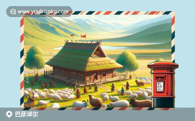 巴彥淖爾草原景觀與傳統(tǒng)蒙古包，展現(xiàn)自然和文化特色，融入航空郵件元素