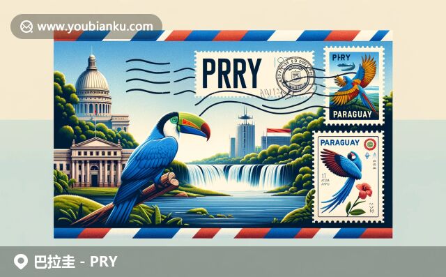 巴拉圭國旗、洛佩斯總統(tǒng)宮和伊瓜蘇瀑布等文化符號，現(xiàn)代風(fēng)格的郵政元素融入航空郵件信封設(shè)計(jì)