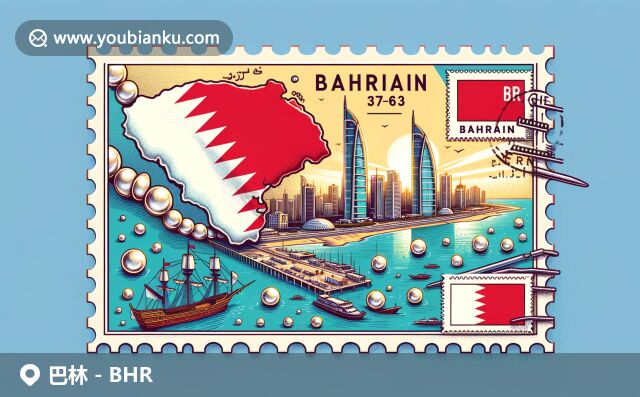 巴林文化及地標(biāo)元素的插畫(huà)，展示國(guó)旗、地圖、貿(mào)易中心與珍珠，結(jié)合現(xiàn)代明信片元素