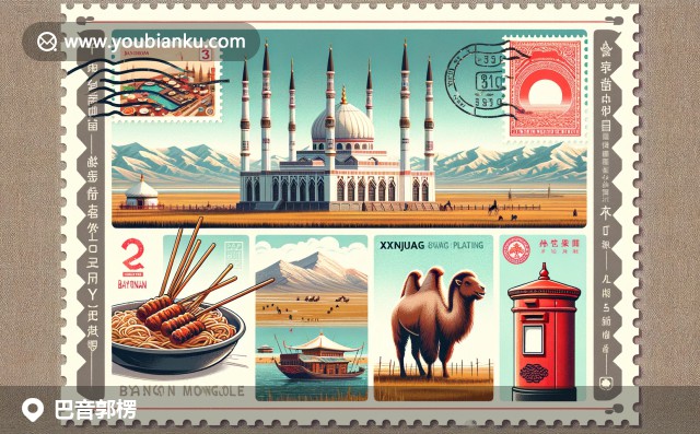 展現(xiàn)巴音郭楞自治州獨特魅力與郵政元素融合：庫爾勒香梨、草原馬群、塔里木河及郵件信封上的郵票與郵戳