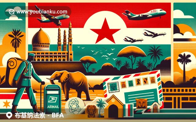 布基納法索國旗、瓦加杜古大清真寺輪廓、大象等文化元素與郵政特色的融合