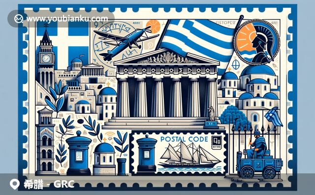 現(xiàn)代插畫展現(xiàn)希臘文化與郵政特色，藍(lán)白國旗、衛(wèi)城、教堂、盔甲、橄欖枝，搭配復(fù)古郵票、郵筒和郵差