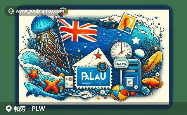 帕勞地域特色與郵政元素的奇妙融合，展現(xiàn)國旗、地圖、水母和熱帶魚，彰顯海洋生態(tài)之美