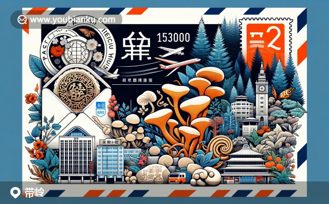 黑龍江省伊春市帶嶺區(qū)插圖：郵票上的森林、冰雪節(jié)郵戳與野生人參