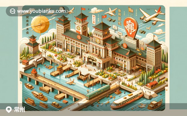 現(xiàn)代插畫展現(xiàn)江蘇常州地域特色，中心是裝飾有中國郵票和郵戳的航空信封，上方描繪大運河、淹城動物園和銀絲面