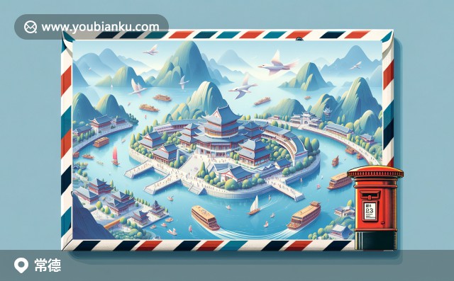 常德湖南文化與郵政元素融合展示：航空郵件信封、河街風光與牛肉粉美食