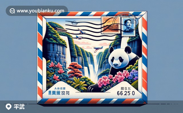 航空郵件信封圖案，展現(xiàn)平武縣特色：虎牙大峽谷、大熊貓與杜鵑花，現(xiàn)代插畫風格