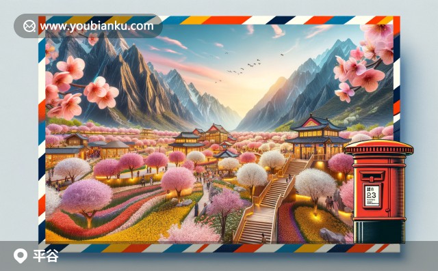 盛開的桃花與綠色郵車 - 春日平谷郵政主題插圖，郵政編碼101200