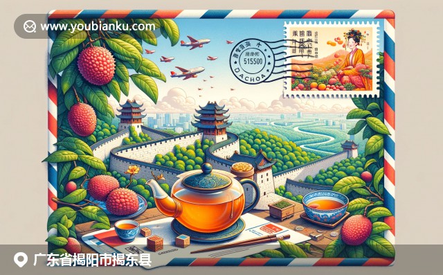 廣東揭陽(yáng)揭東縣文化與歷史融合，古城墻、功夫茶儀式和荔枝果實(shí)生動(dòng)展現(xiàn)特色，航空郵袋內(nèi)顯示郵政編碼515500