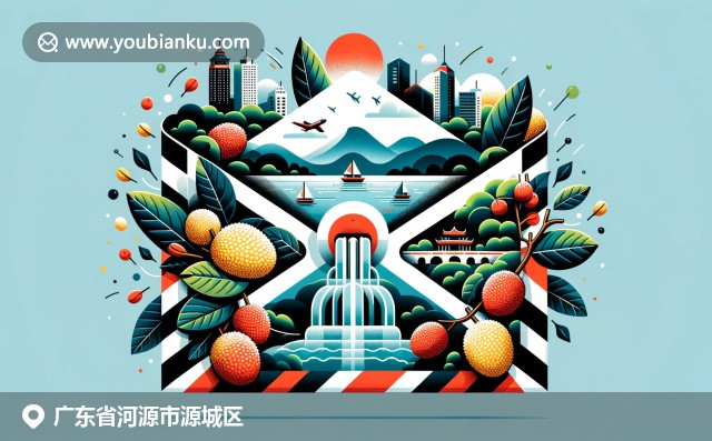 河源自然美景與現(xiàn)代城市建筑的融合，展現(xiàn)萬綠湖清澈水面和河源噴泉，彰顯城市的富饒與現(xiàn)代魅力