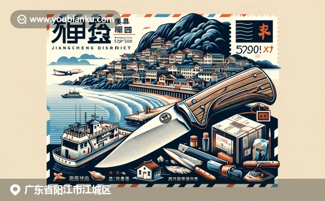 陽(yáng)江地域特色展現(xiàn)：海陵島海灘、陽(yáng)江刀具與大角灣，融入現(xiàn)代郵政元素