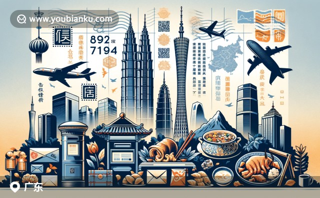 廣東三大特色元素粵繡、增城荔枝與丹霞山，郵政特色如郵票與郵戳，呈現(xiàn)生動(dòng)色彩，展示自然美景與文化特色