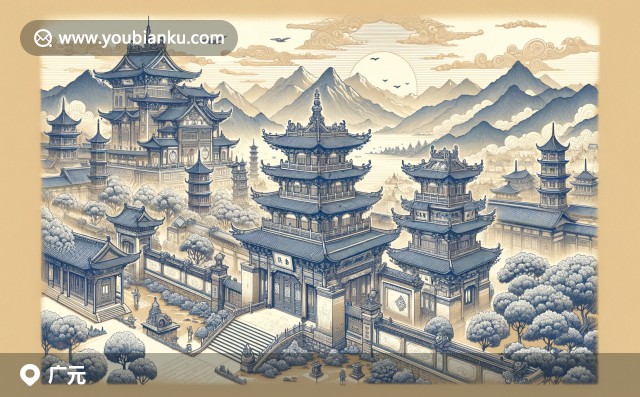 廣元古城與劍門關(guān)山景的融合，展現(xiàn)地道劍門豆腐與郵政文化，設(shè)計(jì)現(xiàn)代明信片風(fēng)格