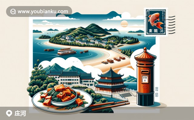 現(xiàn)代插畫：莊河珍珠島，紅燒魚與大連西山水庫，郵筒上的莊河地標(biāo)郵票