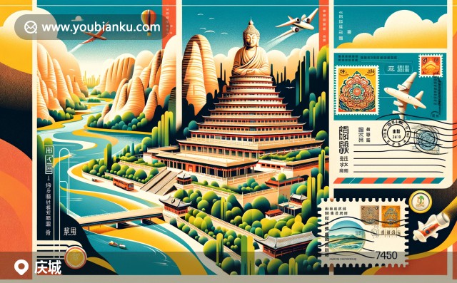 慶城縣標(biāo)志性插畫：炳靈石窟、黃河景色與傳統(tǒng)郵政元素的融合，郵政編碼745100