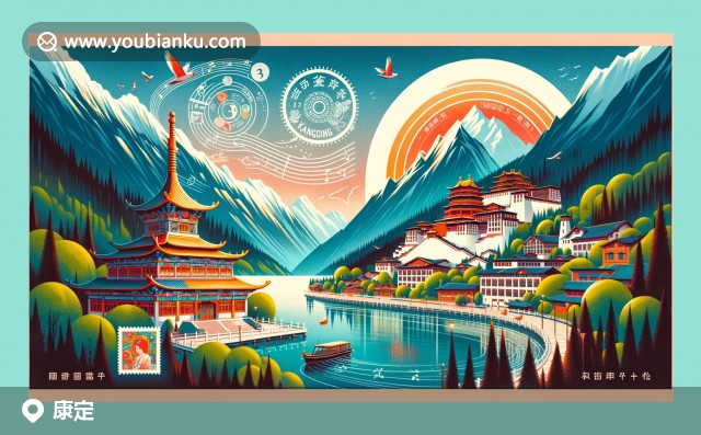 四川省甘孜藏族自治州康定縣風(fēng)景明信片，包含木格措、安覺(jué)寺元素及康定情歌象征，展示自然與文化的和諧交融