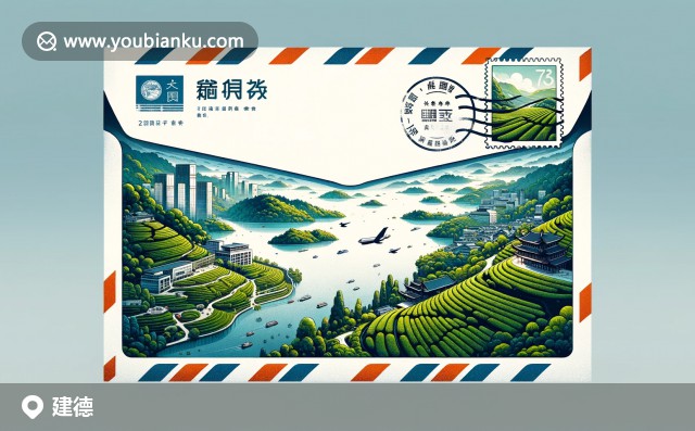浙江省杭州市建德市的郵筒風(fēng)格插畫，展現(xiàn)新安江、茶園和千島湖景色，融合郵政元素體現(xiàn)地方特色