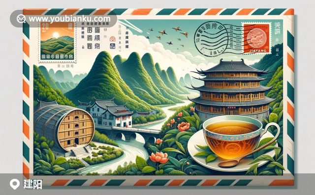 插圖展示建陽標(biāo)志：翠綠武夷山，寧靜河流，福建土樓與熱氣騰騰的龍巖茶