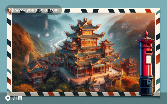 重慶市開縣郵票插圖：張飛廟、秋日紅葉與特色重慶小面