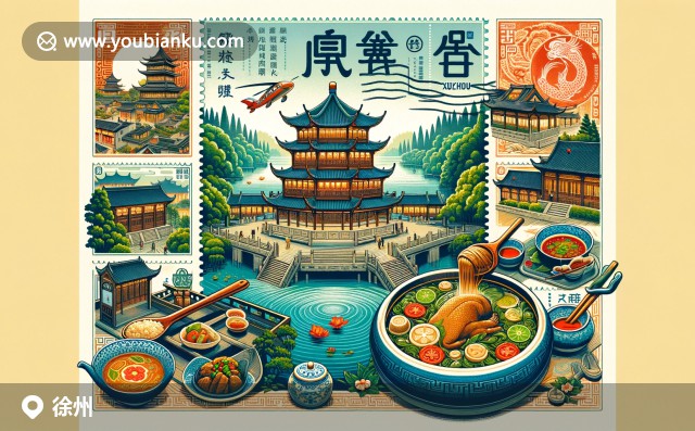 徐州文化與美食之美，融合自然景觀、漢代建筑和當?shù)靥厣央?，伴隨郵政元素展現(xiàn)獨特風情
