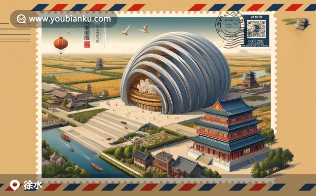 徐水大劇院與燒餅的插畫，綠色田野背景，郵政編碼072550 - 明信片風(fēng)格