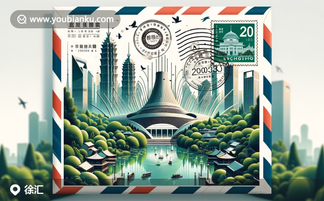 上海交通大學(xué)入口，徐家匯天主教堂，及上海植物園，融入現(xiàn)代航空信封設(shè)計，展現(xiàn)徐匯區(qū)地標(biāo)與郵政主題