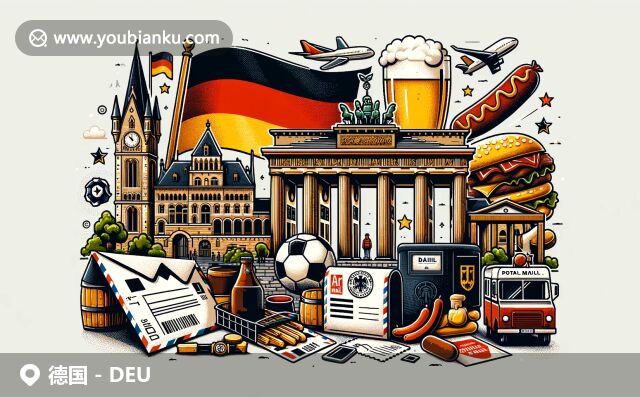 德國(guó)歷史與現(xiàn)代郵政融合，展現(xiàn)布蘭登堡門和紐倫堡城堡，黑森林翠綠色調(diào)增添自然美感