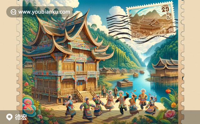 德宏多元文化與自然風(fēng)光的完美融合，展示傣族竹樓、景頗族舞蹈和瑞麗江風(fēng)景，搭配中國復(fù)古郵票