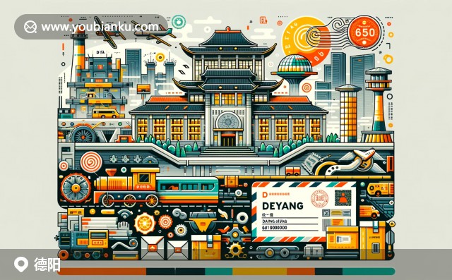 德陽市文化與現(xiàn)代工業(yè)的完美融合，展現(xiàn)三星堆古文明與重型機(jī)械工業(yè)景象，匯聚郵政元素