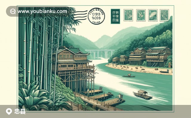 忠縣404300郵編主題插畫：忠縣辣椒、白公館與郵政摩托車的現(xiàn)代融合