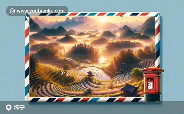 懷寧美景 - 王莽嶺，航空信封上的246100郵編，臭豆腐圖標(biāo)與皖南古民居插圖