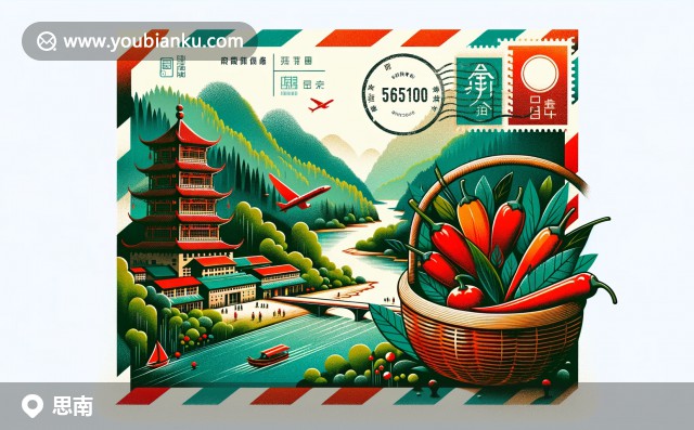 思南縣郵票：烏江河邊的美麗景色，傳統(tǒng)鼓樓剪影與色彩斑斕的本地辣椒