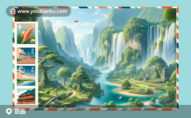 恩施大峽谷、土家吊腳樓和玉露茶的航空信封插圖，郵戳顯示恩施地址445000