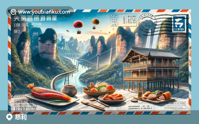 壯麗的張家界天門山，吊腳樓，土家煙熏肉與辣豆腐 - 慈利縣郵編427200的創(chuàng)意設計