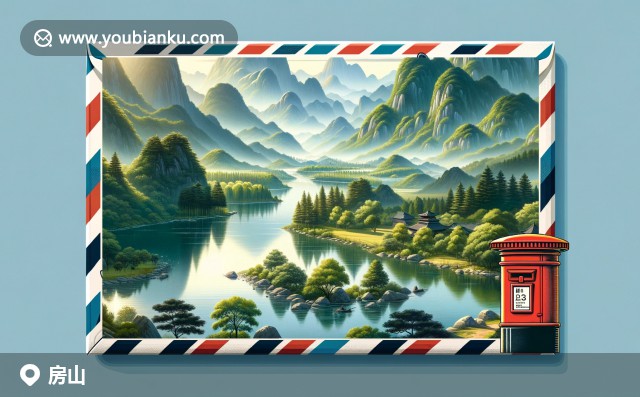 永定河風光、房山地質公園山景與石花洞內景，融入中國傳統(tǒng)郵戳元素的現(xiàn)代插畫，展現(xiàn)房山豐富的自然與文化底蘊